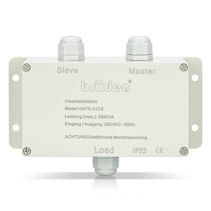 briidea Netzvorrangschaltung Umschaltstation – 16A 230V. Rechteckiges Gehäuse. Priorisiert eine Wechselstromquelle zur Einspeisung von Verbrauchern.