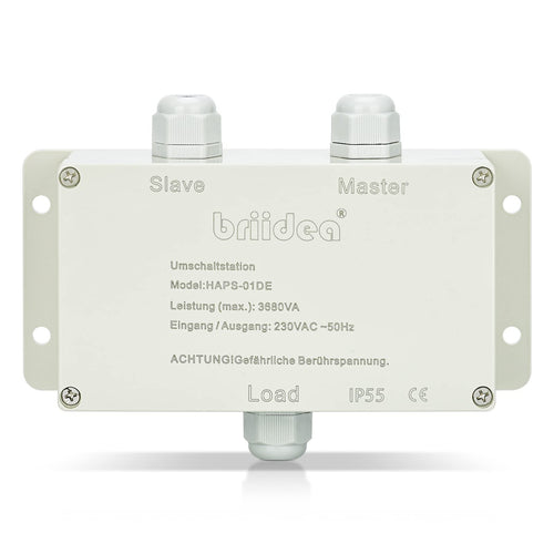 briidea Netzvorrangschaltung Umschaltstation – 16A 230V. Rechteckiges Gehäuse. Priorisiert eine Wechselstromquelle zur Einspeisung von Verbrauchern.