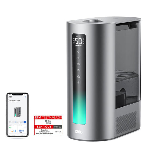 Dreo 6L Smart Luftbefeuchter für grosse Räume - Warm- & Kaltnebel. Weisses, zylindrisches Gerät zur Raumluftbefeuchtung.