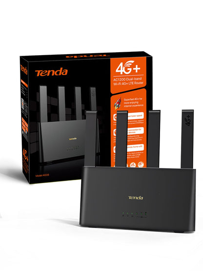 Tenda 4G08 LTE Router – 4G+ Cat6 AC1200 Dual-Band WLAN. Schwarzes, rechteckiges Gerät. Stellt Internet via 4G+ Cat6 Mobilfunk bereit.