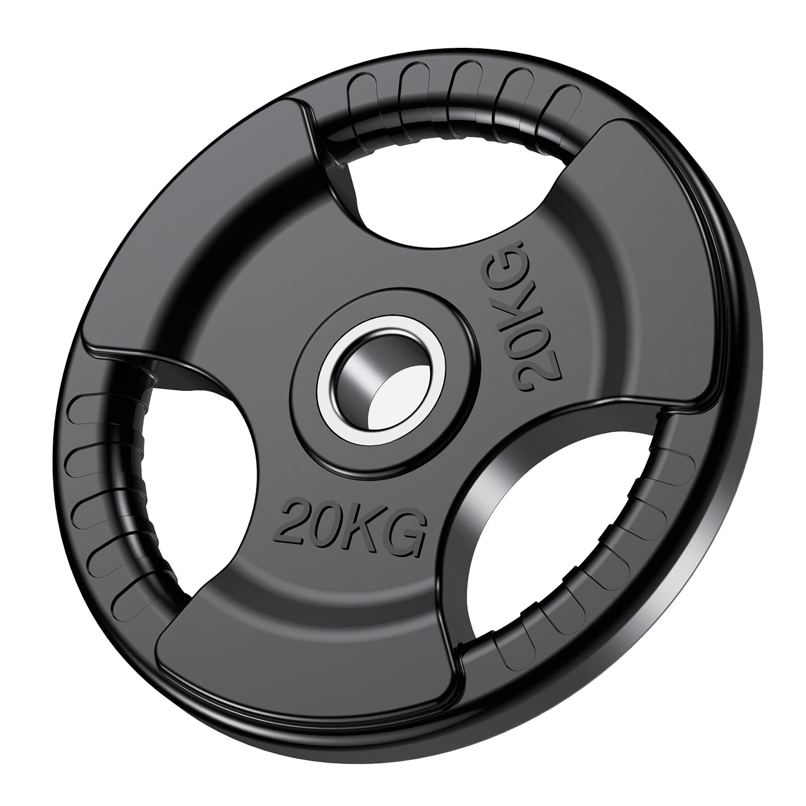PhysKcal Olympische Hantelscheibe 20 kg Schwarz Tri-Grip: Runde, schwarze Scheibe mit drei Grifflöchern zum Krafttraining mit Langhantel.