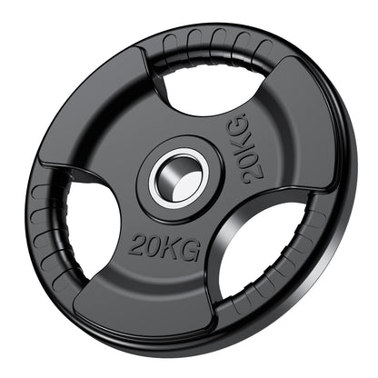 PhysKcal Olympische Hantelscheibe 20 kg Schwarz Tri-Grip: Runde, schwarze Scheibe mit drei Grifflöchern zum Krafttraining mit Langhantel.