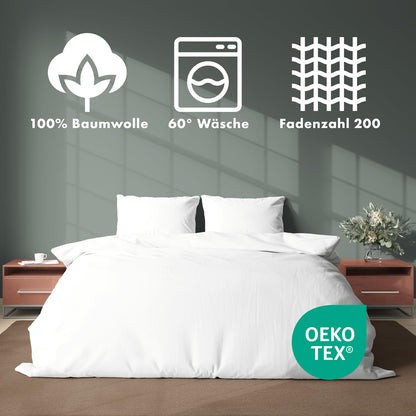 JACOBSON Bettwäsche Set 200x200 cm Perkal Baumwolle 3-teilig Weiss