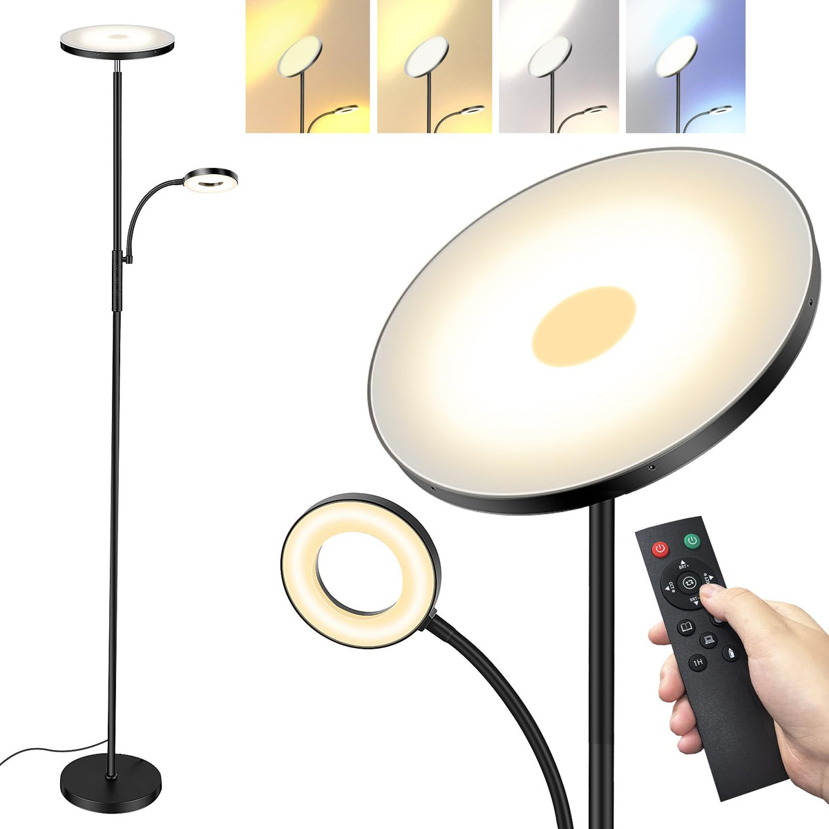 Lumeo Dimmbare LED Stehlampe Deckenfluter Leselampe - Schwarz. Schwarze Stehlampe zur Raumflutung und gezieltem Leselicht.