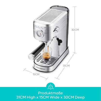 CASABREWS Espresso Siebträgermaschine Edelstahl 20 Bar – Silber
