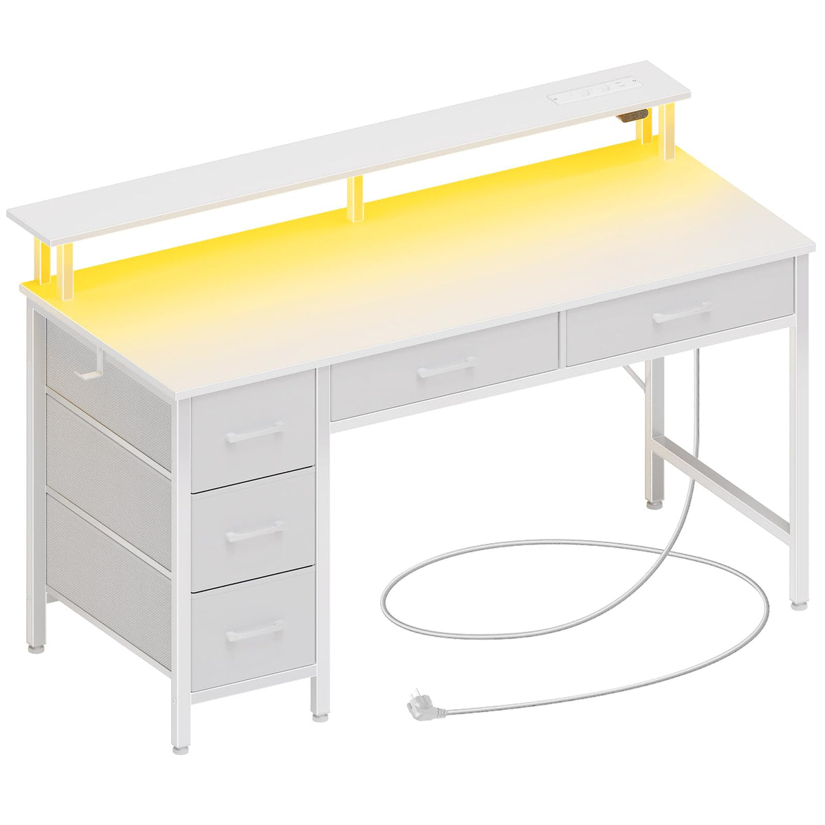 Seventable Gaming Computertisch 120cm – LED & Steckdosen Weiss. Rechteckiger, weißer Tisch mit LEDs & Steckdosen für Gaming-Setup.