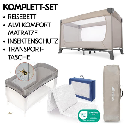 hauck Dream N Play Baby Reisebett – Alvi Komfort Matratze, Moskitonetz, Beige