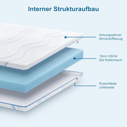 BedStory Matratzentopper 180x200 cm Gel-Kaltschaum H3/H4 10 cm