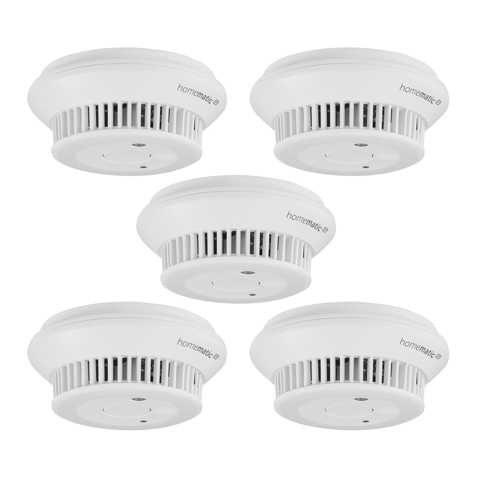 Homematic IP Smart Home Rauchwarnmelder 5er-Set – Q-Label. Fünf weiße, runde Melder zur kabellosen Branderkennung im Smart Home.