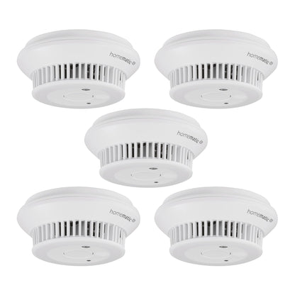 Homematic IP Smart Home Rauchwarnmelder 5er-Set – Q-Label. Fünf weiße, runde Melder zur kabellosen Branderkennung im Smart Home.