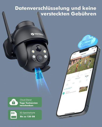 YESYAMO 2K Überwachungskamera Aussen mit Akku, Solarpanel, Pan/Tilt