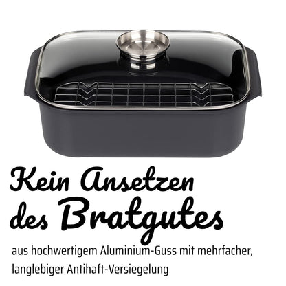GSW Rechteckbräter Gourmet Aluguss mit Deckel und Grilleinsatz 8 L