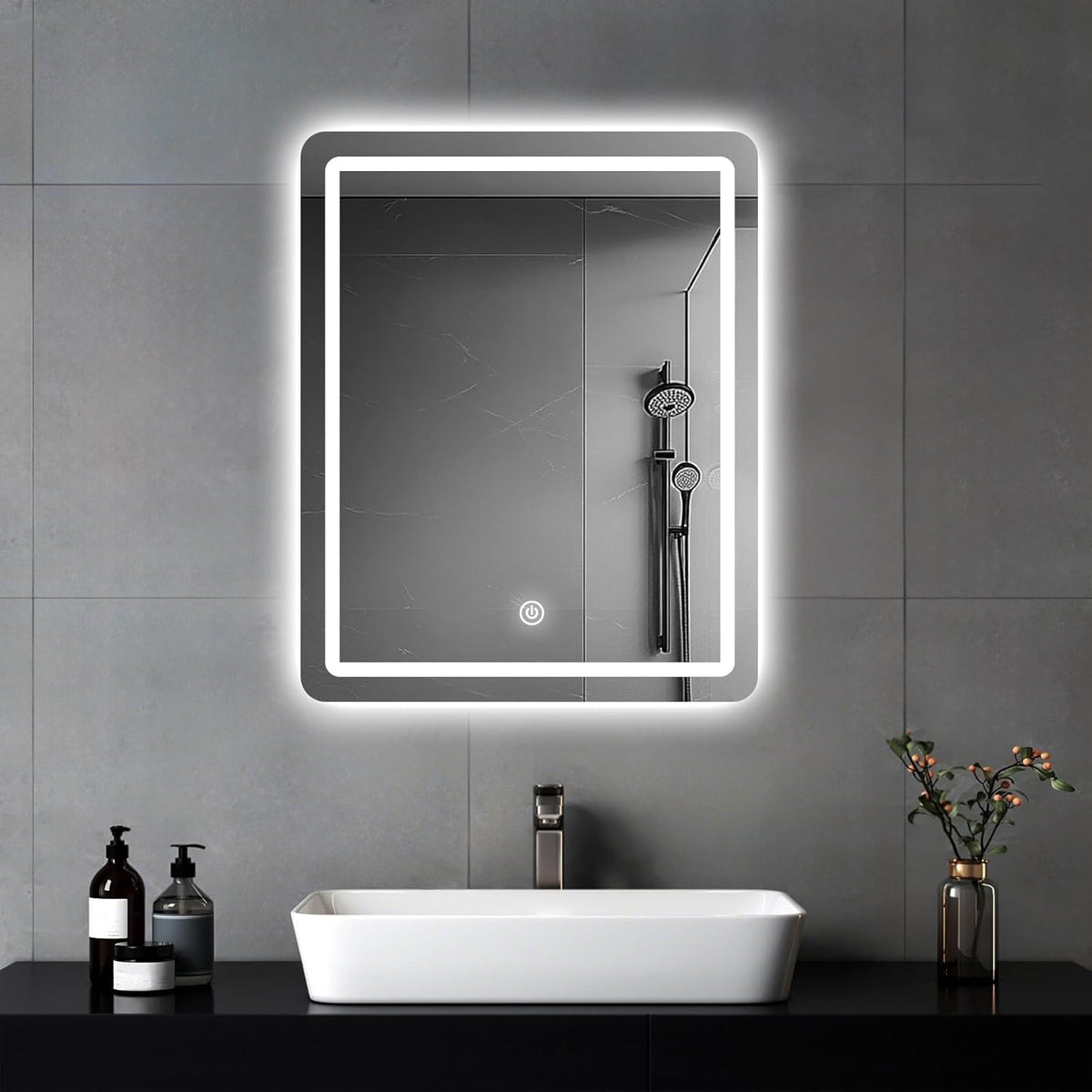 MYGIIVOVO Badspiegel mit LED-Beleuchtung, Touch-Schalter, 60x45 cm – rahmenlos, aus Glas und Aluminium