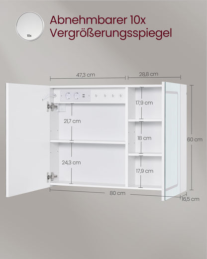 VASAGLE Kailyn Spiegelschrank mit LED-Beleuchtung, weiss