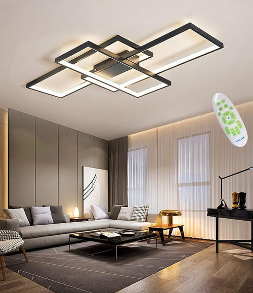 MQW Moderne Geometrische LED Deckenleuchte Dimmbar Wohnzimmer – Schwarz L80cm. Flache, schwarze, geometrische LED-Deckenleuchte (80cm) zur dimmbaren Raumbeleuchtung.