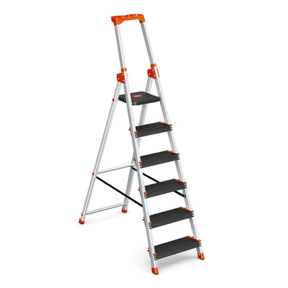 SONGMICS Aluleiter GLT06BK, 6 Stufen, Handlauf, bis 150 kg – klappbare Stehleiter in Schwarz-Orange aus Aluminium