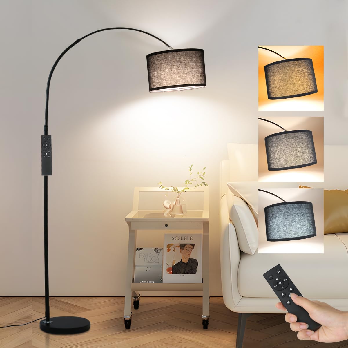 ANTENLICHT AURA Bogenlampe Schwarz mit Fernbedienung. Schwarze Bogenlampe mit gebogenem Arm. Spendet dimmbares, indirektes Licht für Wohnbereiche.