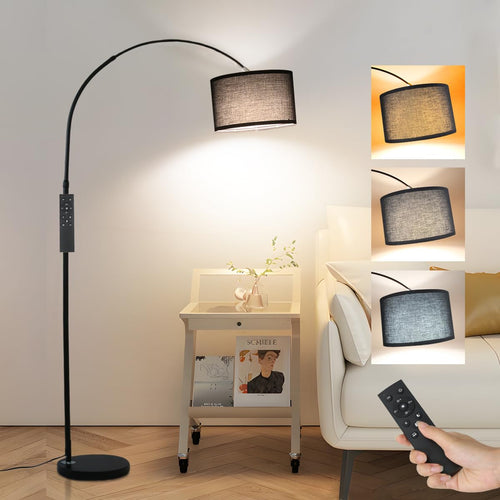 ANTENLICHT AURA Bogenlampe Schwarz mit Fernbedienung. Schwarze Bogenlampe mit gebogenem Arm. Spendet dimmbares, indirektes Licht für Wohnbereiche.