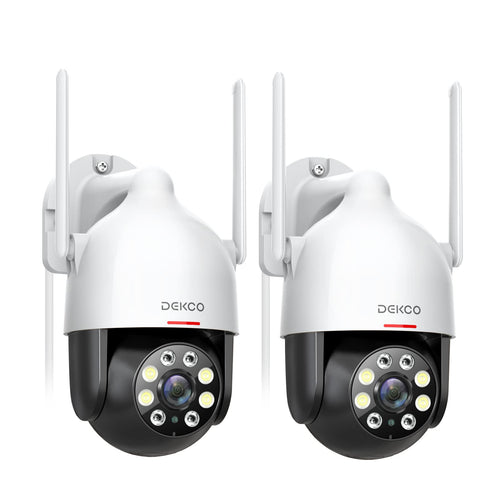 DEKCO 2K WLAN Überwachungskamera Aussen Schwenkbar – 2er Pack. Weiße Kameras für flexible Außenüberwachung.
