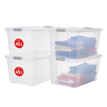 Iris Ohyama NTB-45 Aufbewahrungsboxen - 45L 4er-Set Silber. Rechteckige, silberne Kunststoffboxen zum Sortieren und Schutz diverser Gegenstände.