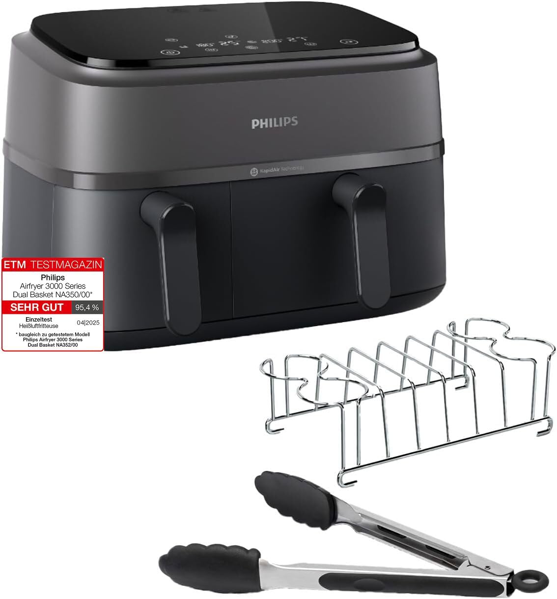 Philips Dual Basket Airfryer NA350/03 – 9L Heissluftfriteuse. Kompaktes, schwarzes Gerät mit zwei Garzonen zum gesunden Frittieren und Garen vieler Speisen.