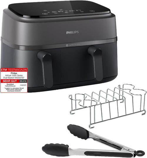 Philips Dual Basket Airfryer NA350/03 – 9L Heissluftfriteuse. Kompaktes, schwarzes Gerät mit zwei Garzonen zum gesunden Frittieren und Garen vieler Speisen.