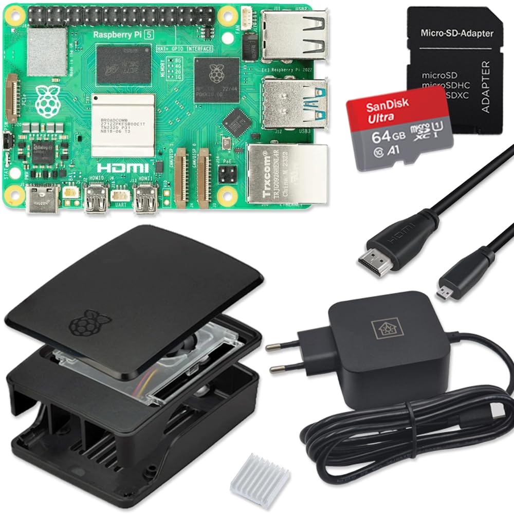 Raspberry Pi 5 8GB Starter-Kit mit Gehäuse, Lüfter & Netzteil. Grüner Single-Board-Computer in schwarzem Gehäuse. Für Elektronikprojekte und Automatisierung.