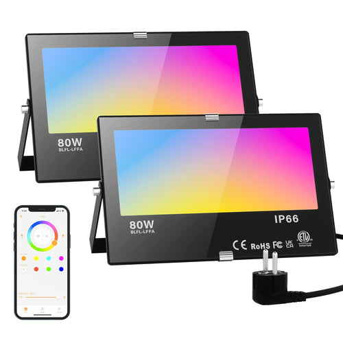 Smart RGB LED Fluter 80W Aussen Bluetooth – 2er Set IP66. Zwei schwarze, rechteckige RGB-LED-Fluter zur smarten Aussenbeleuchtung.