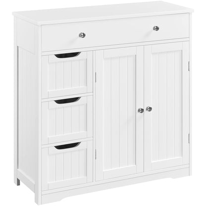 Yaheetech Badschrank mit 4 Schubladen und Fach - Weiss. Weißer, rechteckiger Hochschrank mit vier Schubladen und einem offenen Fach zur Badaufbewahrung.