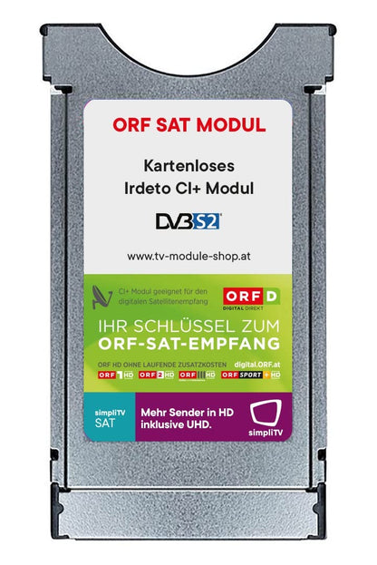ORF DIGITAL DIREKT Irdeto CI+ Modul dual Entschlüsselung kartenlos, rechteckig, schwarz, für kartenlosen ORF-Empfang.