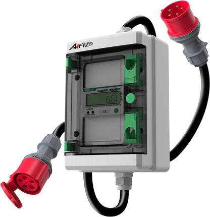 AIFIZO Mobiler Digitaler CEE Stromzähler 3 Phasen 16A mit Reset 2m. Schwarzes Rechteckgehäuse mit Display. Misst präzise den Energieverbrauch an CEE-Dosen.