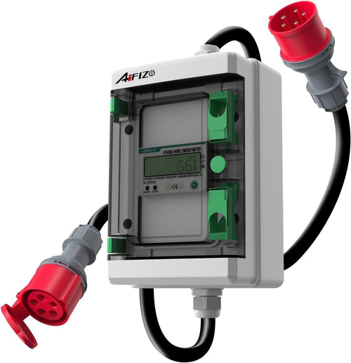 AIFIZO Mobiler Digitaler CEE Stromzähler 3 Phasen 16A mit Reset 2m. Schwarzes Rechteckgehäuse mit Display. Misst präzise den Energieverbrauch an CEE-Dosen.