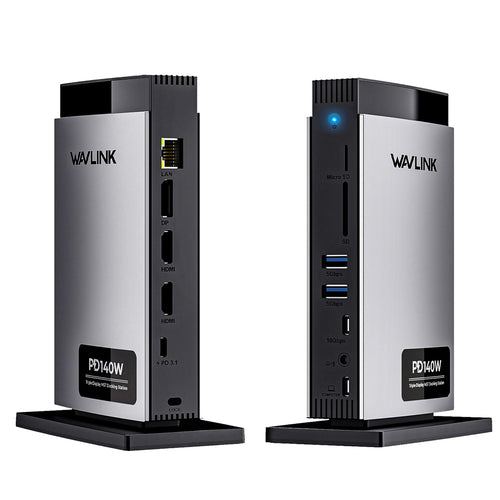 WAVLINK Laptop Docking Station USB-C 8K, schwarzer Quader, für dreifache 8K-Display-Erweiterung und Peripherie-Anbindung.