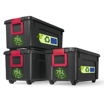Iris Ohyama SIA-75 Aufbewahrungsbox - 3er-Set Schwarz 75l. Drei rechteckige, schwarze Polypropylen-Boxen zur Lagerung von Gegenständen.
