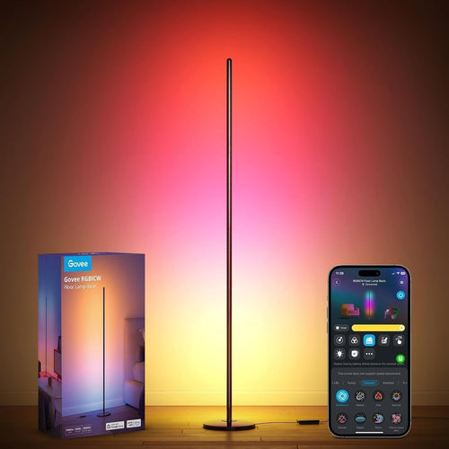 Govee RGBIC LED Stehlampe Smart WLAN Dimmbar – Schwarz. Schwarze Stehlampe mit dimmbaren RGBIC LEDs für smarte Raumbeleuchtung via WLAN.