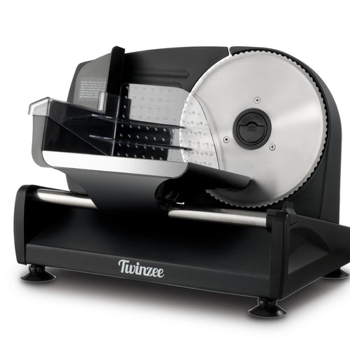 Twinzee Allesschneider Elektrisch 150W Schneidemaschine - Schwarz. Schwarzes Elektrogerät zum präzisen Schneiden von Brot, Wurst und Käse in Scheiben.