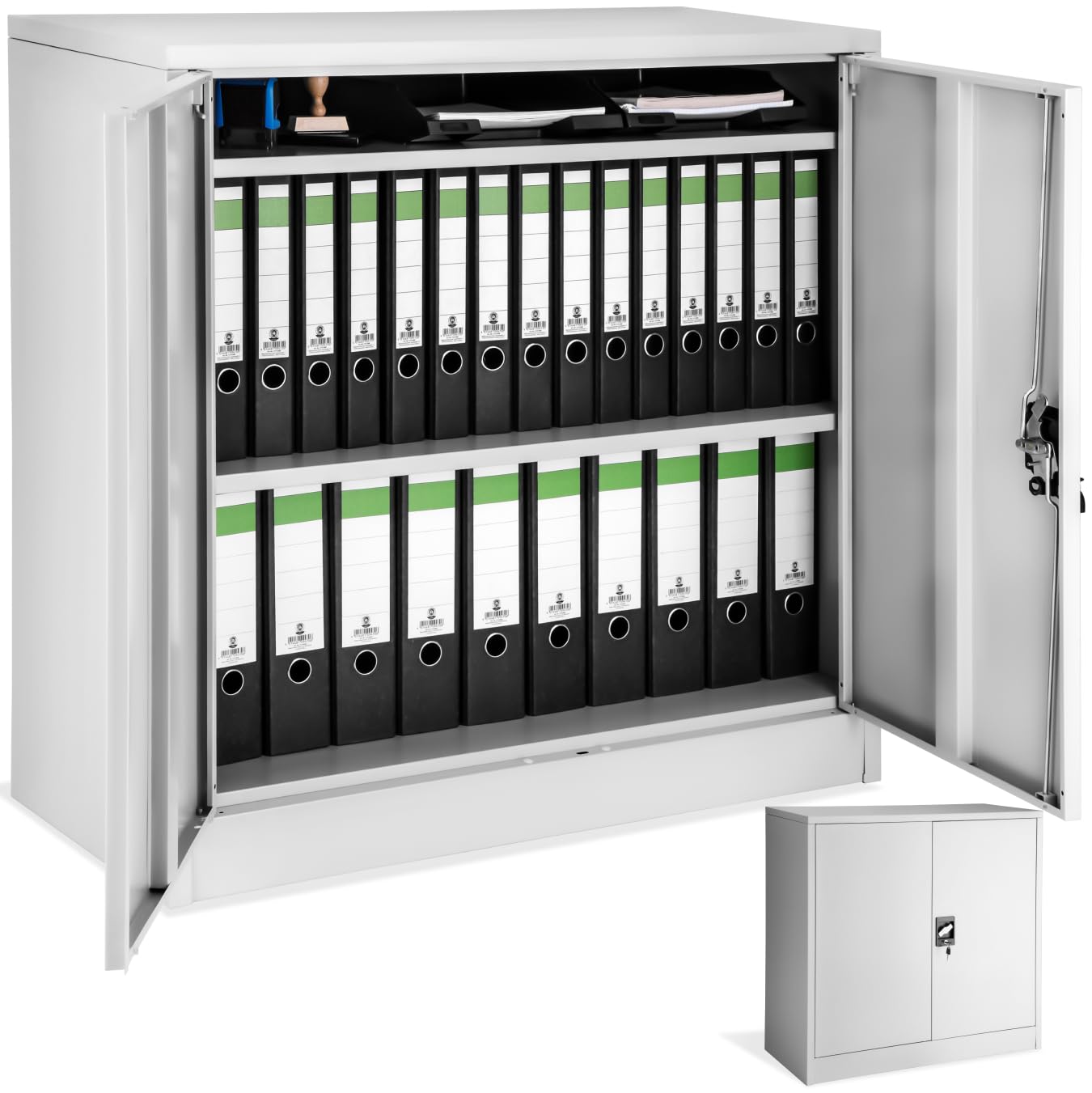 tectake Metall Aktenschrank abschliessbar grau 90x40x90 cm. Graues Stahlblechmöbel zur sicheren Dokumentenaufbewahrung im Büro.