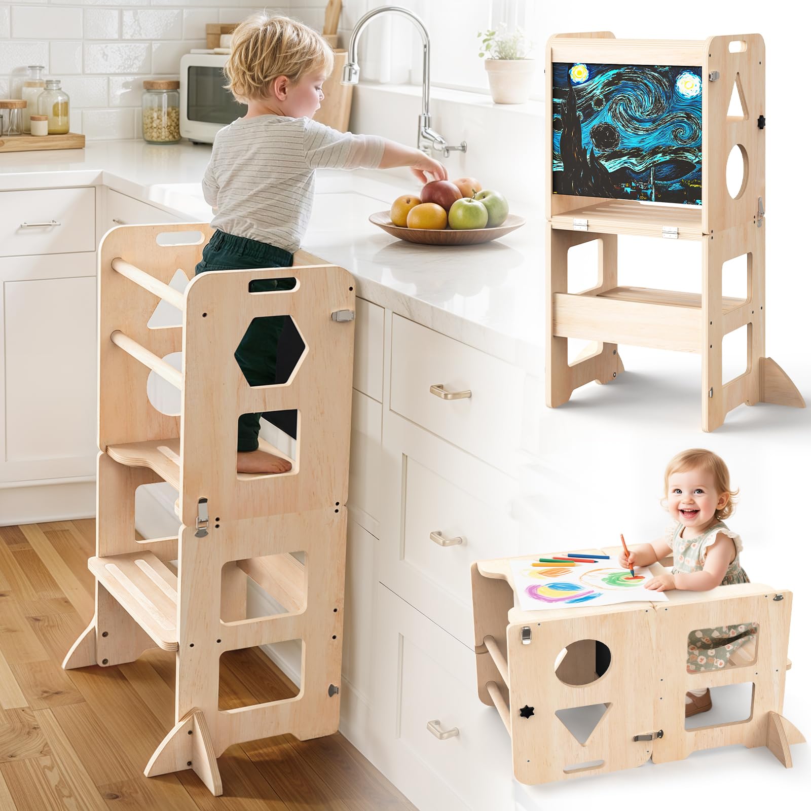 Woodure Lernturm 3-in-1 klappbar mit Tafel als Tritthocker. Holz, natur. Bringt Kind an Arbeitsplatte; faltbar, multifunktional.