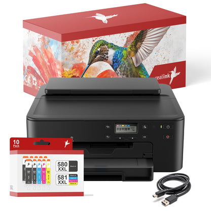 realink TS705a Drucker-Bundle - inkl. 10 Tintenpatronen Set. Schwarzer, kompakter Tintenstrahldrucker. Erstellt Farbdrucke für Dokumente und Fotos.