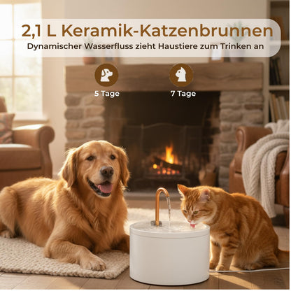 MISFANS Katzenbrunnen Keramik 2.1L, Trinkbrunnen mit Filter, weiss