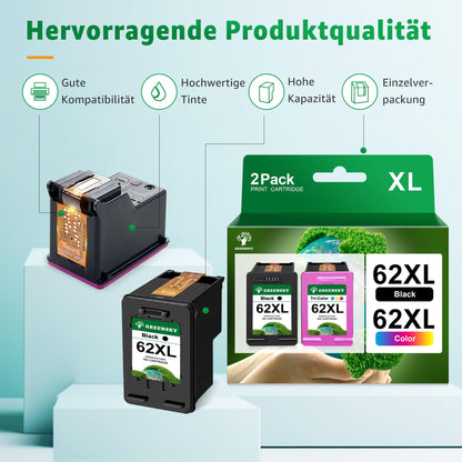 GREENSKY 62XL Druckerpatronen kompatibel für HP 62, Schwarz + Farbe