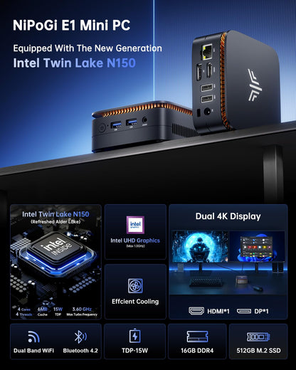 NiPoGi Essenx E1 Mini PC - Intel N150, 16GB/512GB, Win 11 Pro