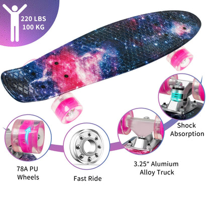 BELEEV Kinder Skateboard 22 Zoll Mini Cruiser mit LED-Leuchtrollen