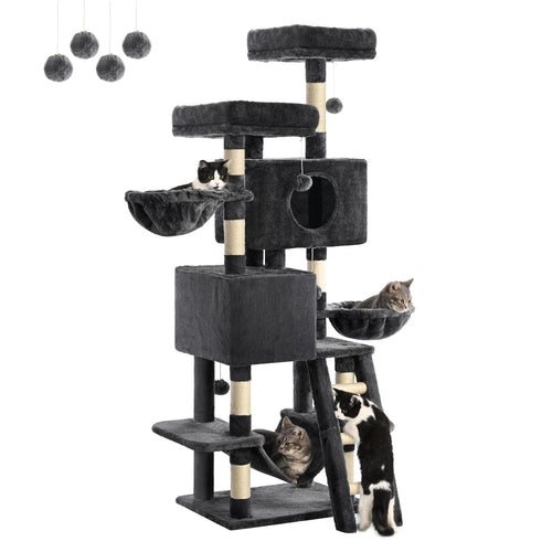 FourFurPets Kratzbaum 160 cm Katzen-Aktivitätsbaum - Rauchgrau. Mehrstufig, mit Sisalstämmen; für Klettern, Kratzen, Ruhen.