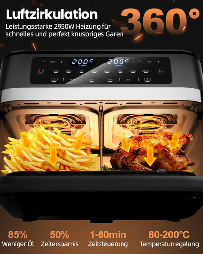 WELLENT Heissluftfritteuse 12L Dual Zone Airfryer XXL Doppelkammer