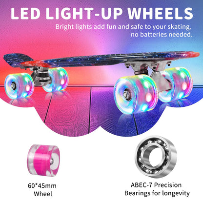 BELEEV Kinder Skateboard 22 Zoll Mini Cruiser mit LED-Leuchtrollen