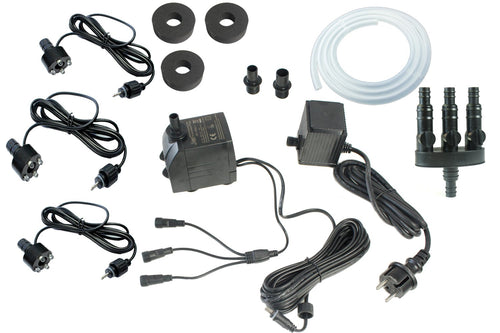 Arnusa Springbrunnenpumpe 1500 L/h Set mit 3 LED-Spots warmweiss, Komplett-Set mit Schlauch und 3-Wege-Verteiler