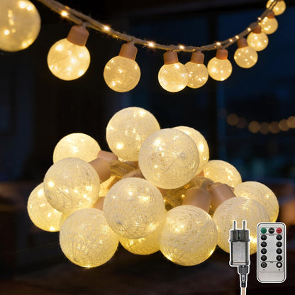 Ciskotu LED Lichterkette Baumwollkugeln, 8 m, 16 Kugeln, dimmbar – mehrfarbig, am Juteseil