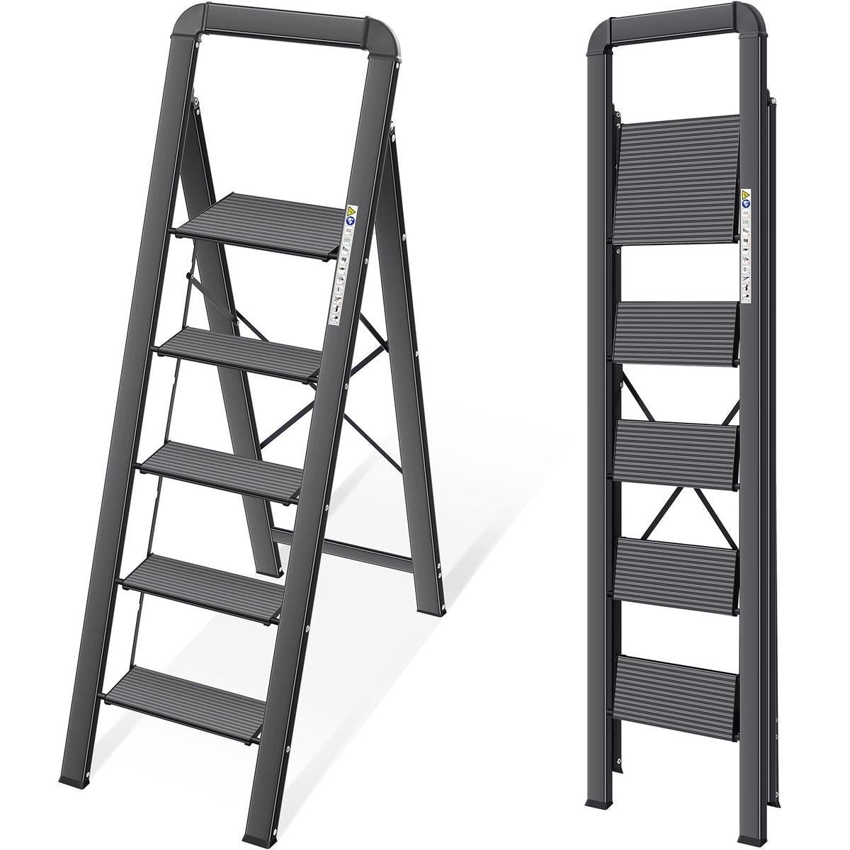 KINGRACK Stufenleiter 5 Stufen klappbar, Aluminium, 150 kg, Schwarz – Haushaltsleiter mit Handlauf
