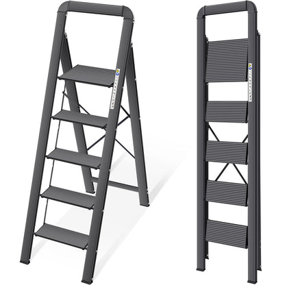 KINGRACK Stufenleiter 5 Stufen klappbar, Aluminium, 150 kg, Schwarz – Haushaltsleiter mit Handlauf